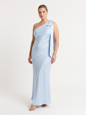 Club L London “Here For Love” Powder Blue Satin Asymmetric Maxi Dress with Bow - Size 14