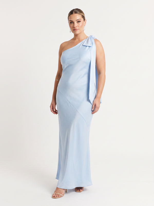 Club L London “Here For Love” Powder Blue Satin Asymmetric Maxi Dress with Bow - Size 14