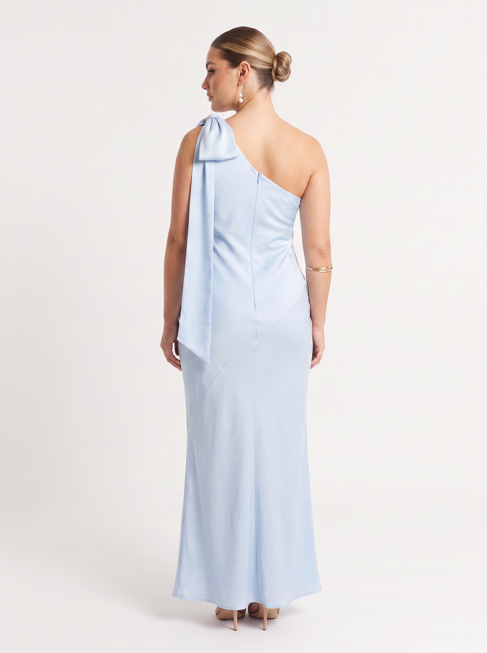 Club L London “Here For Love” Powder Blue Satin Asymmetric Maxi Dress with Bow - Size 14