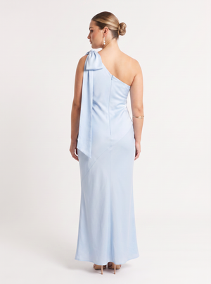 Club L London “Here For Love” Powder Blue Satin Asymmetric Maxi Dress with Bow - Size 14