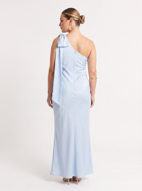 Club L London “Here For Love” Powder Blue Satin Asymmetric Maxi Dress with Bow - Size 14