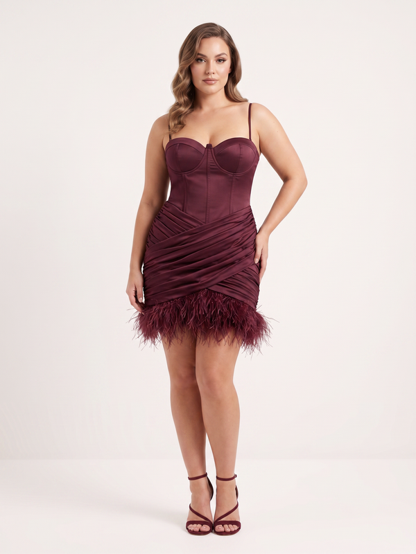 CLUB L LONDON  Bordeaux Feather-Trim Corset Mini Dress - Size 14