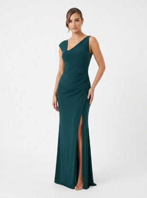 Club L London Dynasty Dark Green Asymmetric-Neck Maxi Dress - Size 16