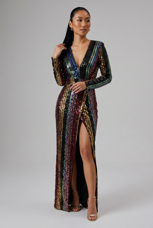 CLUB L LONDON Rainbow Sequin Wrap-Front Maxi Dress with Open Back - Size 6/8