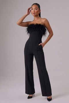CLUB L LONDON First Class Black Bandeau Feather Wide-Leg Jumpsuit- Size 6