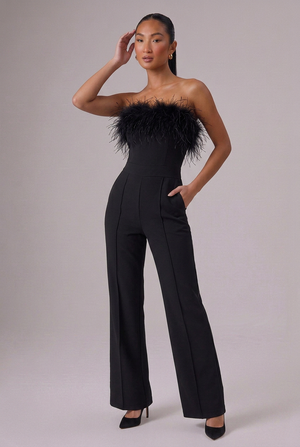 CLUB L LONDON First Class Black Bandeau Feather Wide-Leg Jumpsuit- Size 6