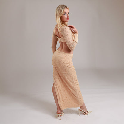champagne/gold pearl-embellished co-ord