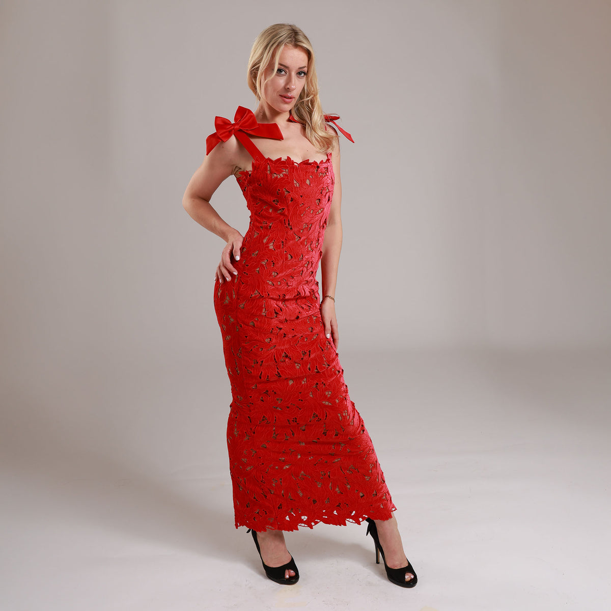 Tiff Holly Red Velvet Lace Maxi Dress