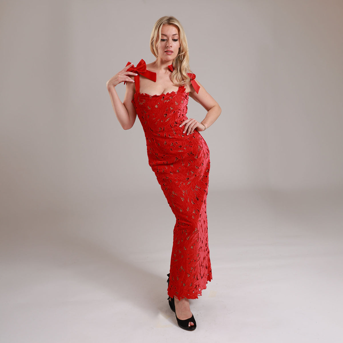 Tiff Holly Red Velvet Lace Maxi Dress