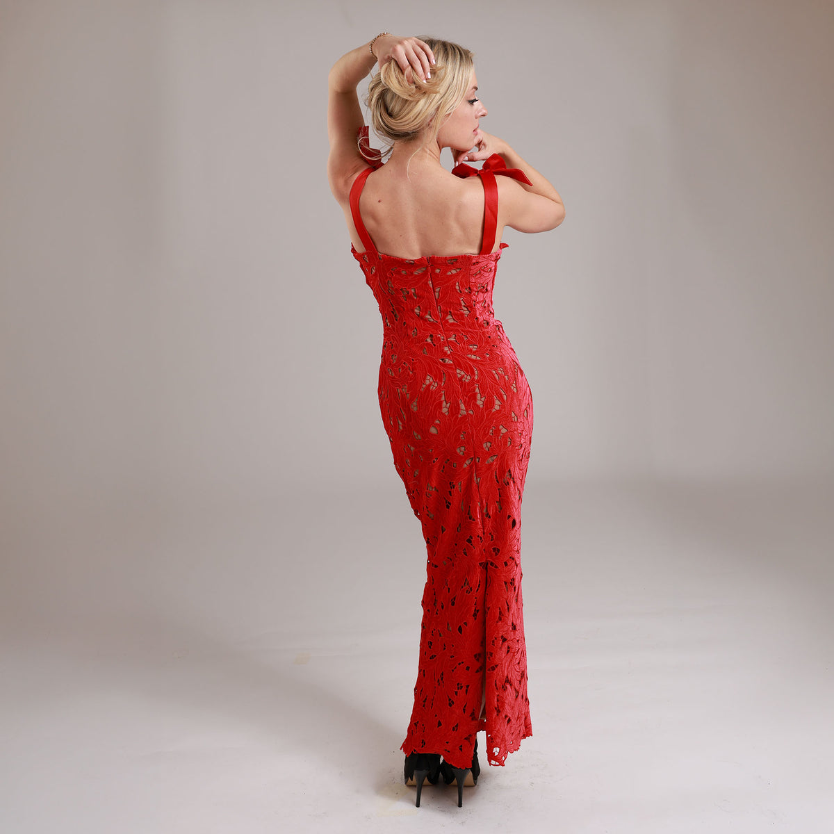 Tiff Holly Red Velvet Lace Maxi Dress