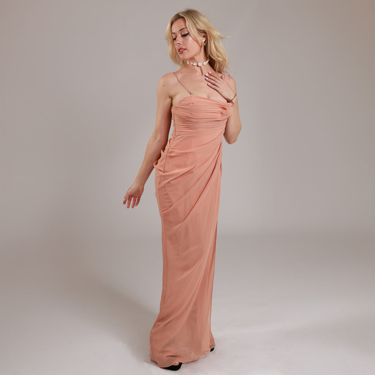 Salmon Pink Natassia Maxi Dress with Removable Gold Straps