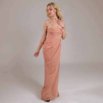 Salmon Pink Natassia Maxi Dress with Removable Gold Straps