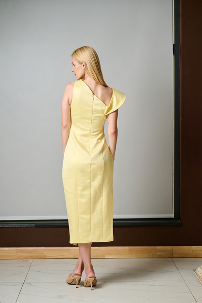Lacey Pleated One-Shoulder Midi Dress