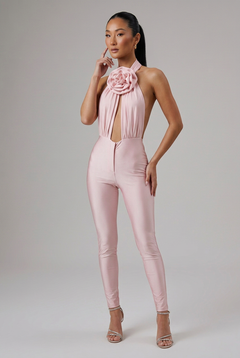 FLORIE ATTIRE blush-pink rosette halter catsuit  - Size XS