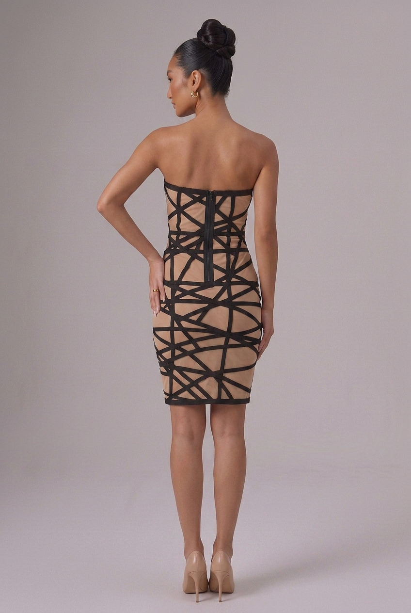 HOUSE OF CB “Meeran” Black Bandage & Nude Mesh Dress - Size 6