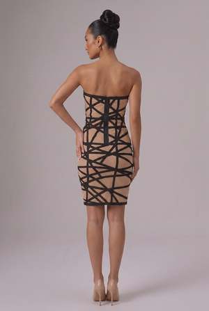 HOUSE OF CB “Meeran” Black Bandage & Nude Mesh Dress - Size 6