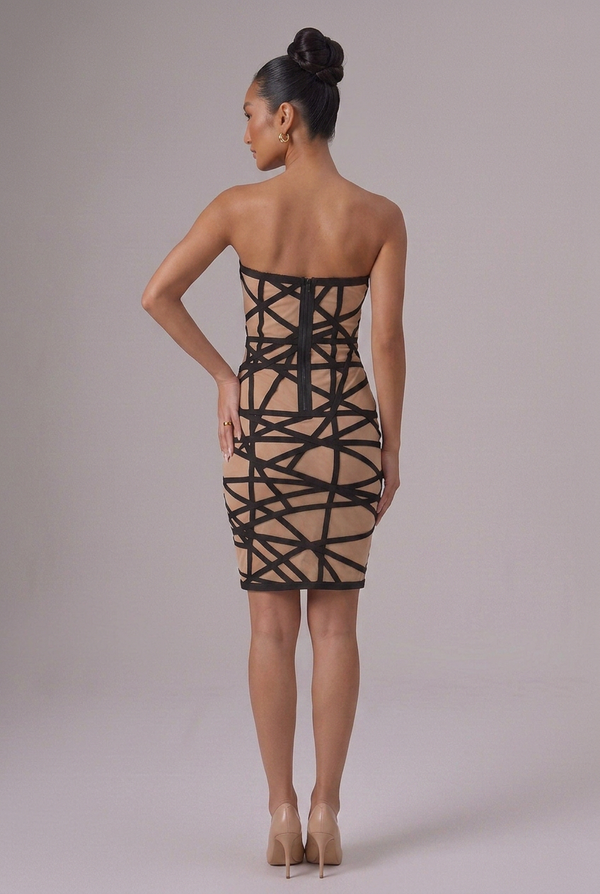 HOUSE OF CB “Meeran” Black Bandage & Nude Mesh Dress - Size 6
