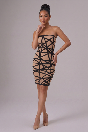 HOUSE OF CB “Meeran” Black Bandage & Nude Mesh Dress - Size 6