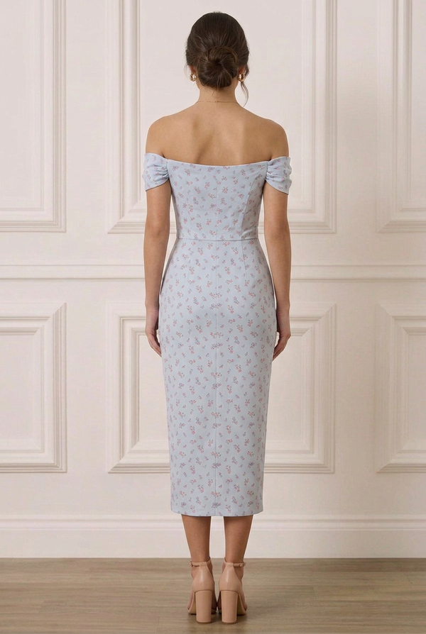 HOUSE OF CB  Blue Floral Bardot Midi Sundress. Size Small