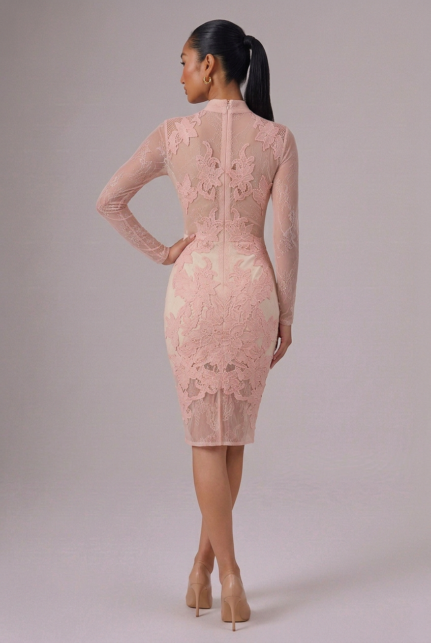 HOUSE OF CB Blush Floral Lace High Neck Midi Dress - Size XS