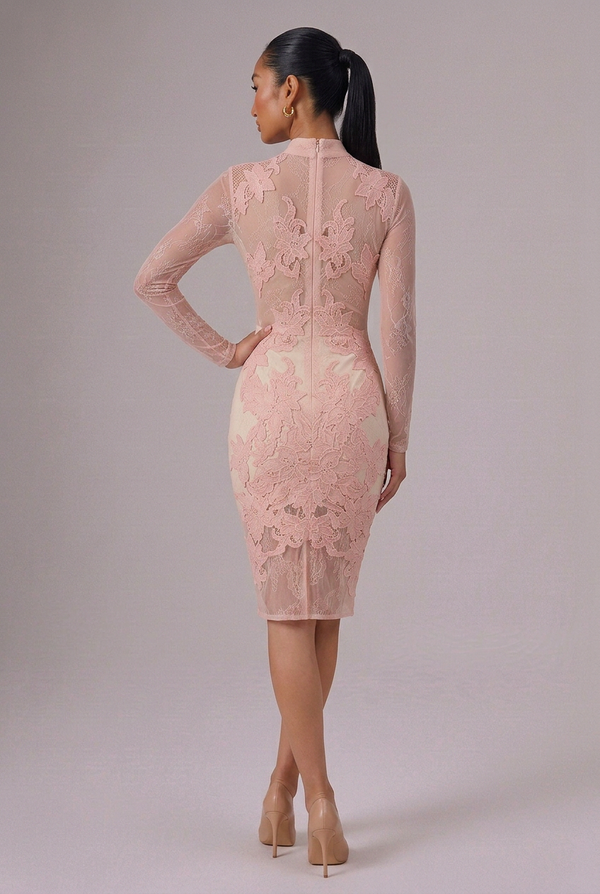 HOUSE OF CB Blush Floral Lace High Neck Midi Dress - Size XS