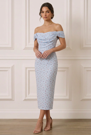 HOUSE OF CB  Blue Floral Bardot Midi Sundress. Size Small