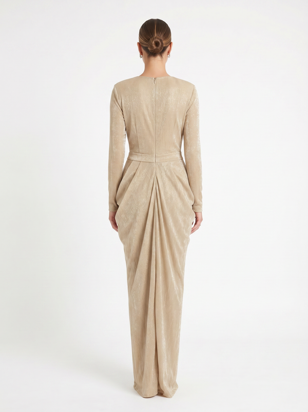 House of CB Gold Shimmer Plunge Draped Maxi Dress - Size Medium