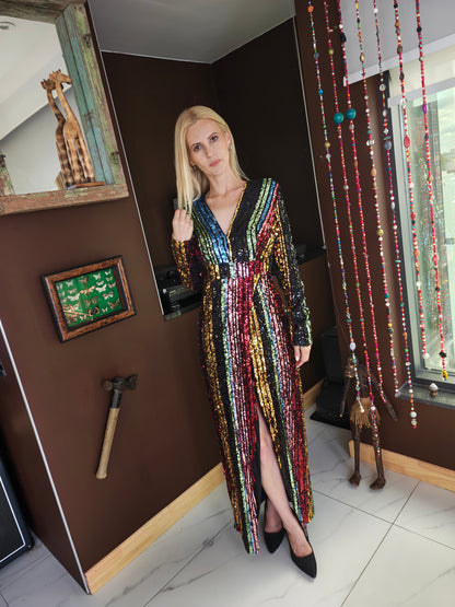 Rainbow Sequin Wrap-Front Maxi Dress with Open Back