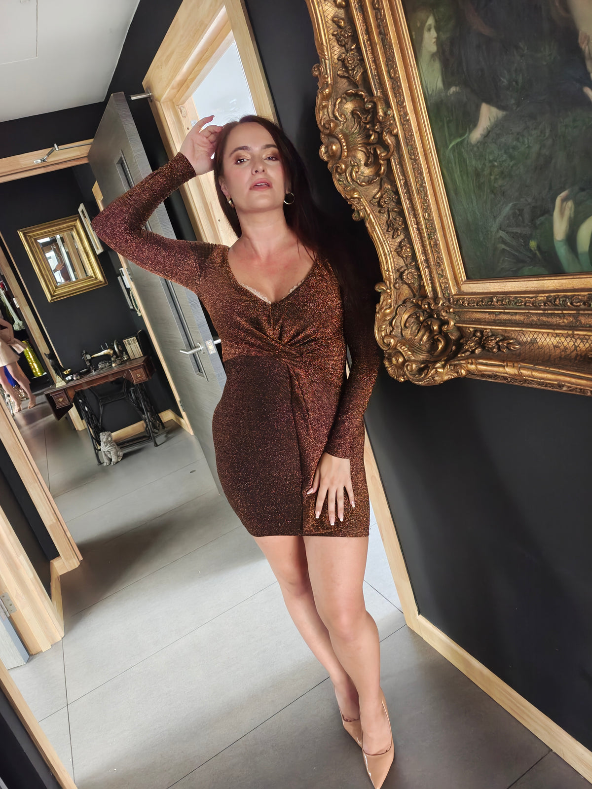 Bronze Metallic Twist-front Long-Sleeve Mini Dress