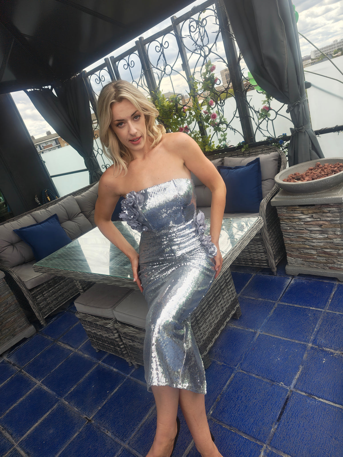 Cassia Strapless Sequin Rose Midi Dress