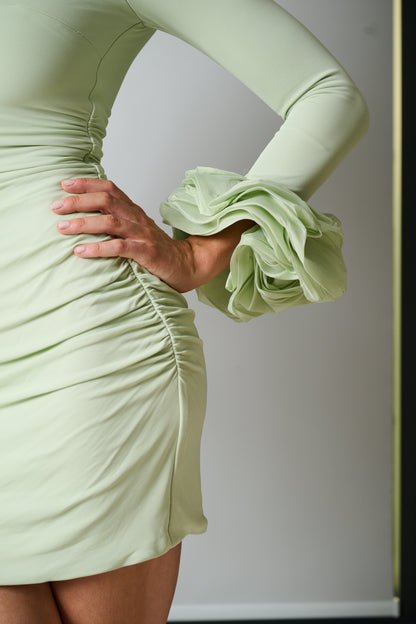 “Camilla” Pistachio Ruffle Cuff Mini Dress