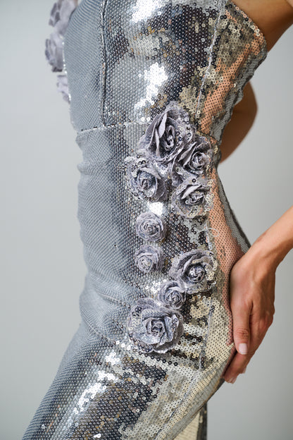Cassia Strapless Sequin Rose Midi Dress