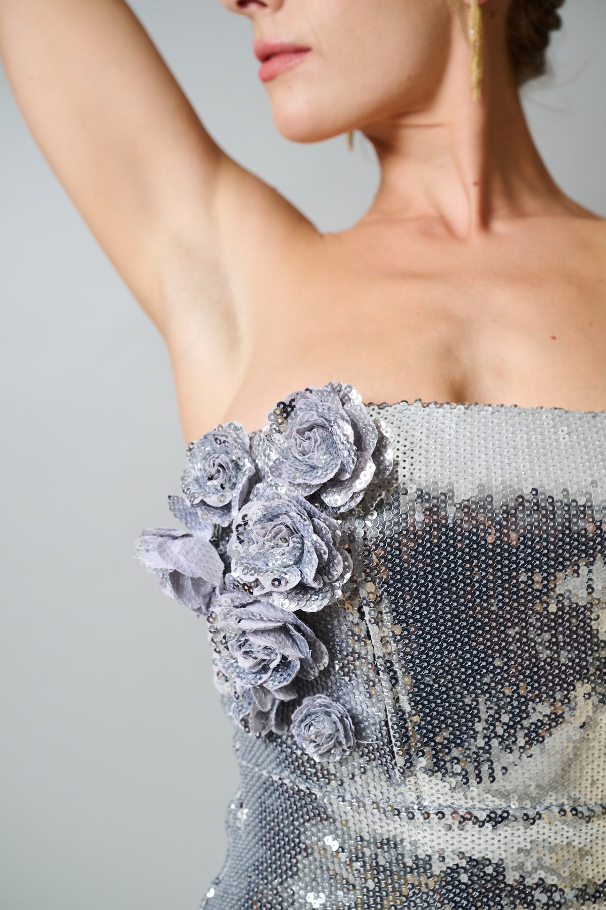 Cassia Strapless Sequin Rose Midi Dress