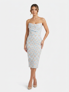 Lavish Alice Leilani Cowl Bandeau Midi Dress in Blue Flora  - Size 12