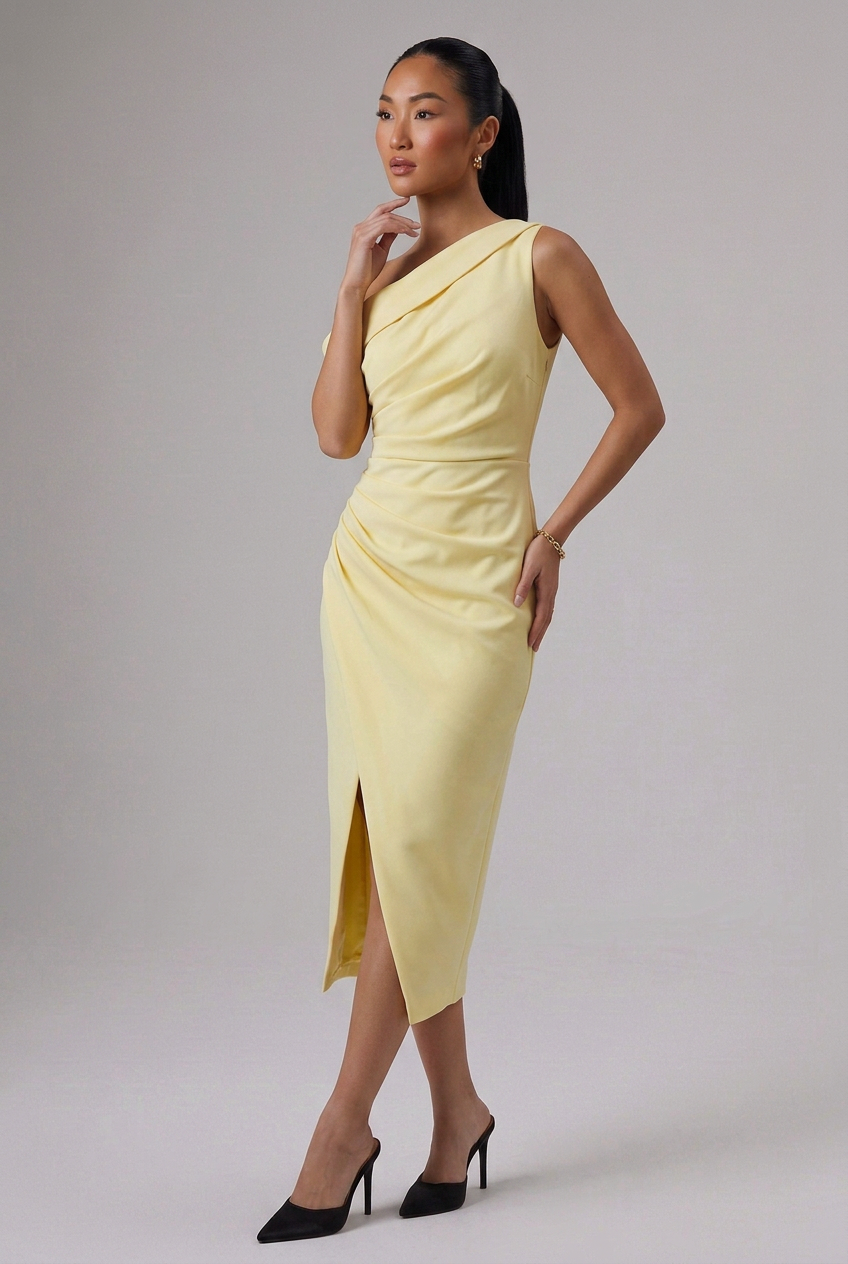 LAVISH ALICE Lacey Pleated One-Shoulder Midi Dress in Yellow - Size 6