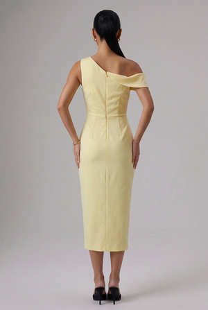 LAVISH ALICE Lacey Pleated One-Shoulder Midi Dress in Yellow - Size 6