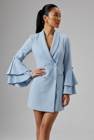 LAVISH ALICE Bell-Ruffle Sleeve Blazer Mini Dress in Cornflower Blue - Size 6
