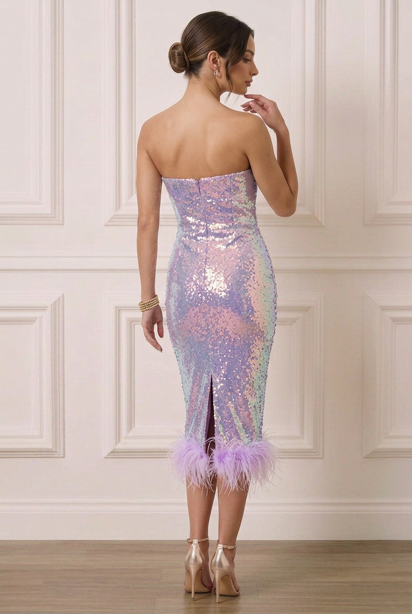 LAVISH ALICE  Purple Strapless Feather-Trim Sequin Midi Dress - Size 8