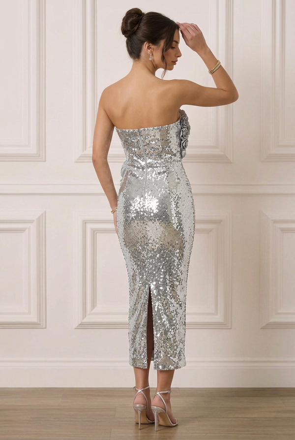 MESHKI Cassia Strapless Sequin Rose Midi Dress in Silver.- Size Small