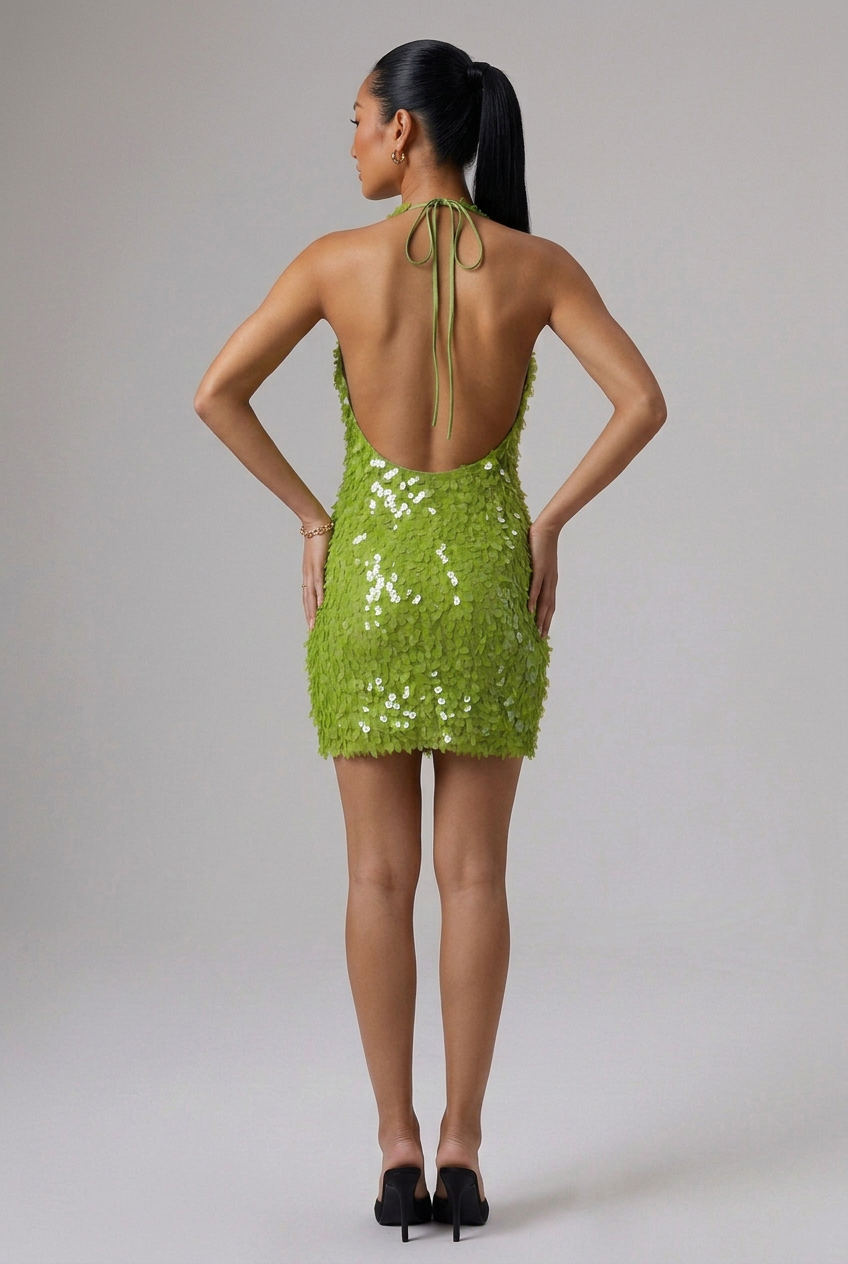 MESHKI Caralee Sequin Halter Mini Dress in Green- Size 6