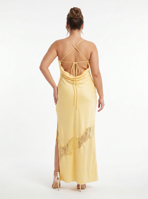 Meshki Chandra Lace Detail Satin Maxi Dress in Lemon - Size XL