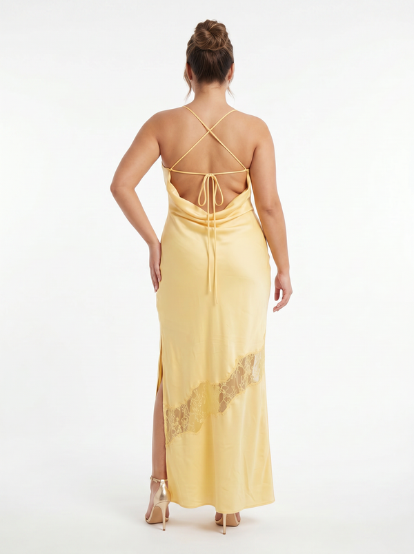 Meshki Chandra Lace Detail Satin Maxi Dress in Lemon - Size XL