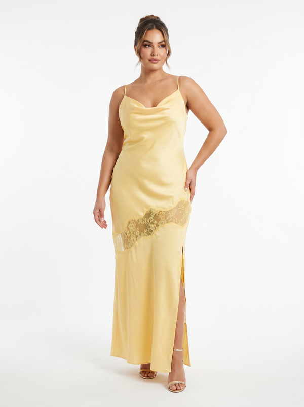 Meshki Chandra Lace Detail Satin Maxi Dress in Lemon - Size XL