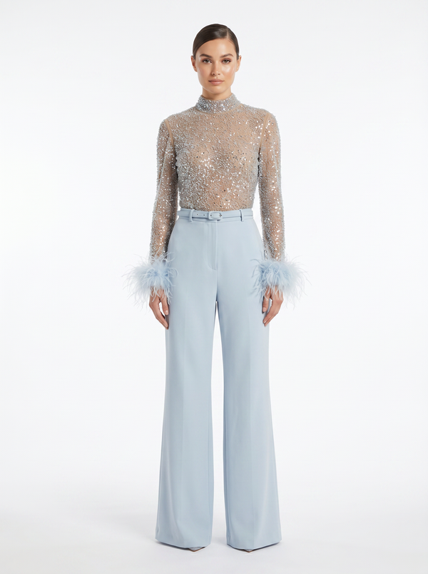Nadine Merabi Embellished Feather Cuff Jumpsuit - Size 12