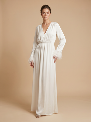 Nadine Merabi Flowy Robe Dress with Feather Cuffs - Size 14