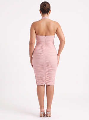 Oh Polly Pink cut-out Halterneck Ruched Midi Dress - Size 14