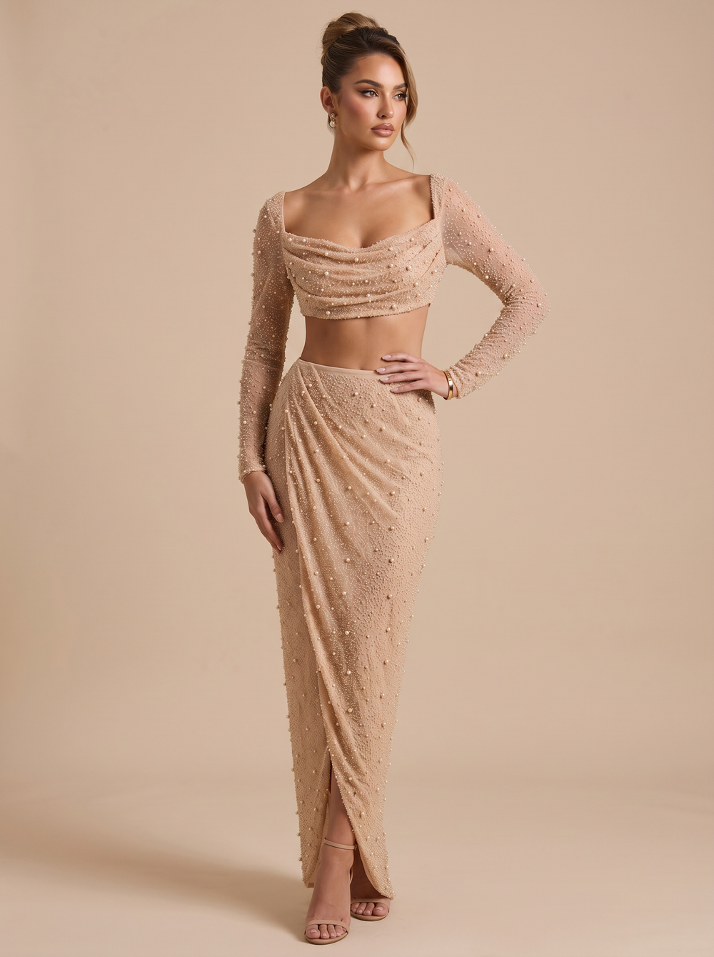 Oh Polly Beaded Skirt and Long Sleeved Crop Top Co-ord - Size 10