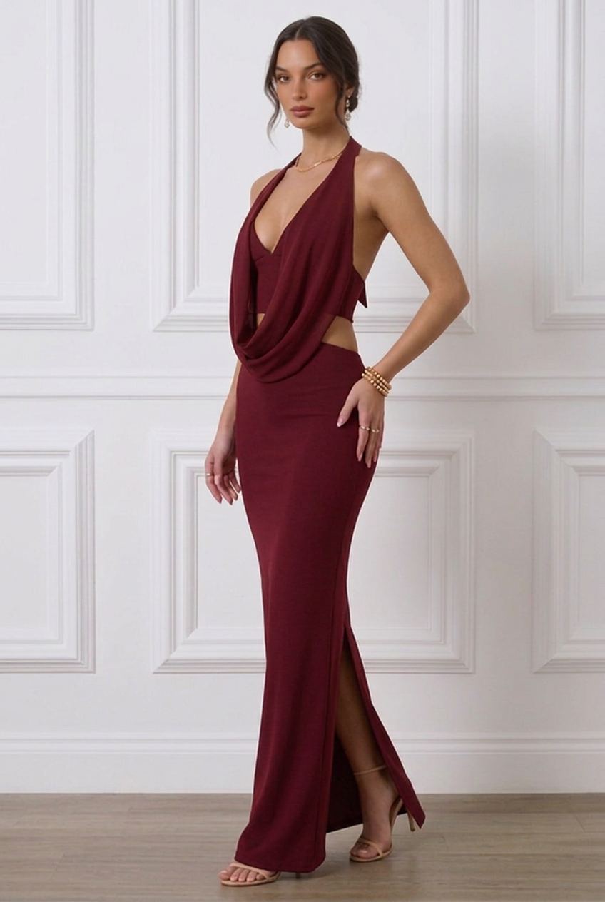 BABYBOO Burgundy Drape Halter Co-Ord Set - Size Small