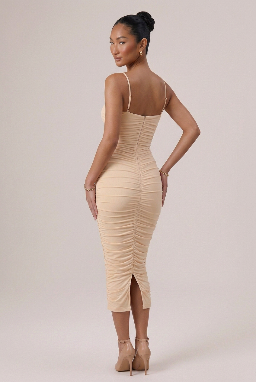 OH POLLY Get The Glow Cut-Out Ruched Midi Dress- Size 6