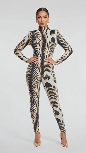 Florie Attire High Neck Animal Print Catsuit - Size Medium